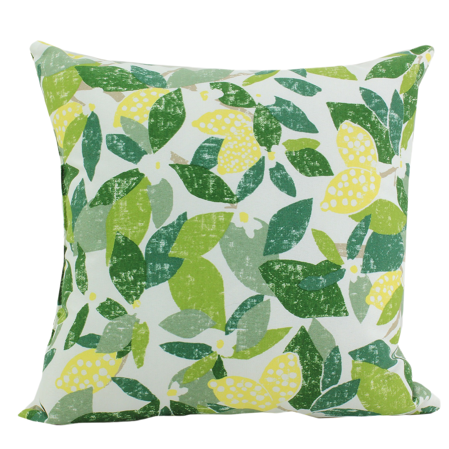 Square outdoor pillow with vibrant green leaves and yellow lemon pattern for patio and outdoor living spaces