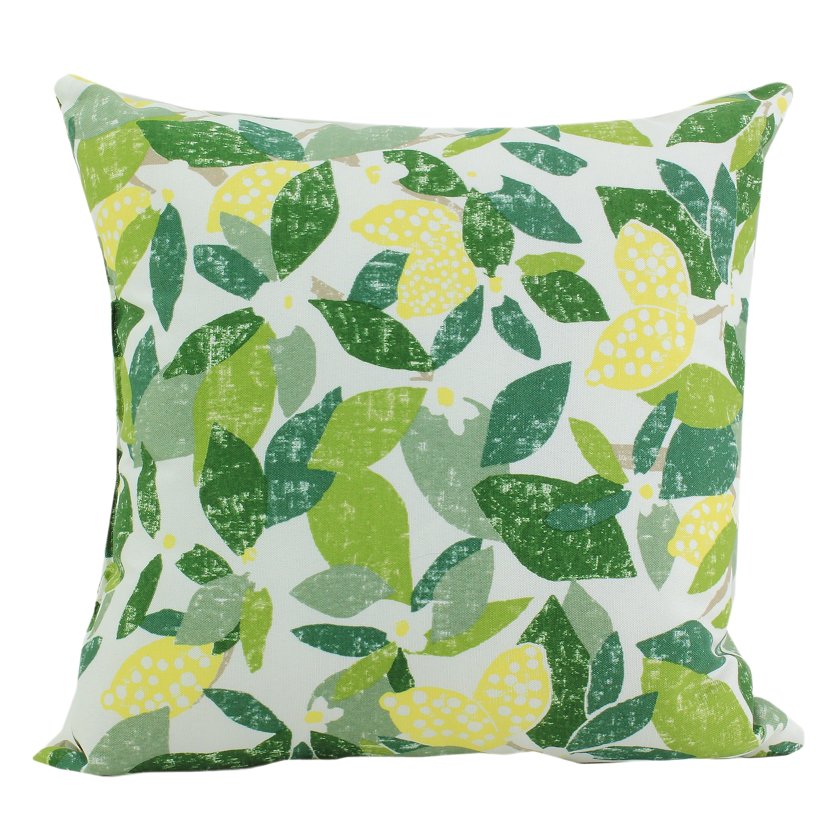 Square outdoor pillow with vibrant green leaves and yellow lemon pattern for patio and outdoor living spaces