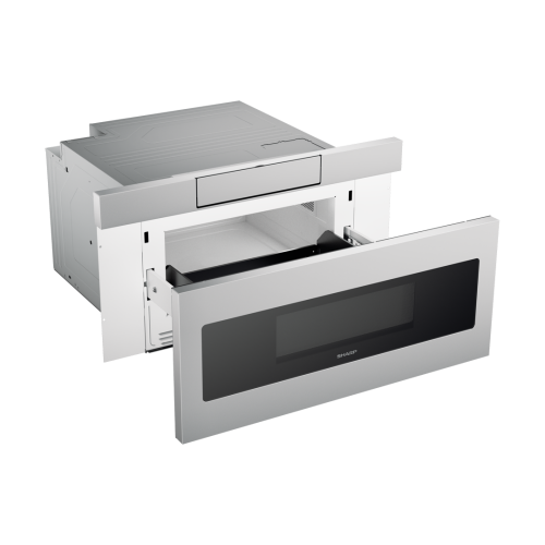 Built-in stainless steel microwave drawer with flat panel design and easy touch open for modern kitchens