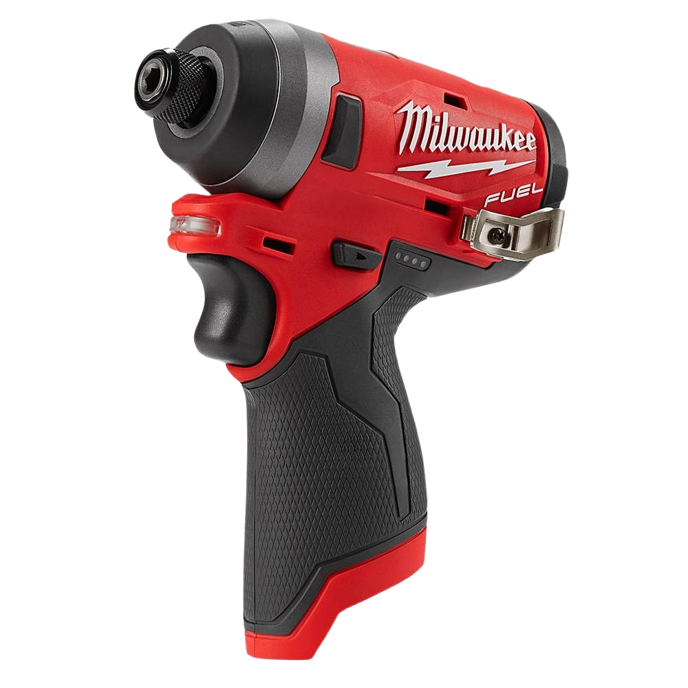 Compact red and black cordless Milwaukee impact driver with ergonomic grip for power tools and home improvement projects