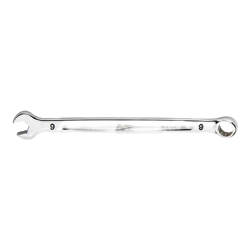 Polished 9-mm metric combination wrench with open and box ends for versatile tool use in home improvement projects
