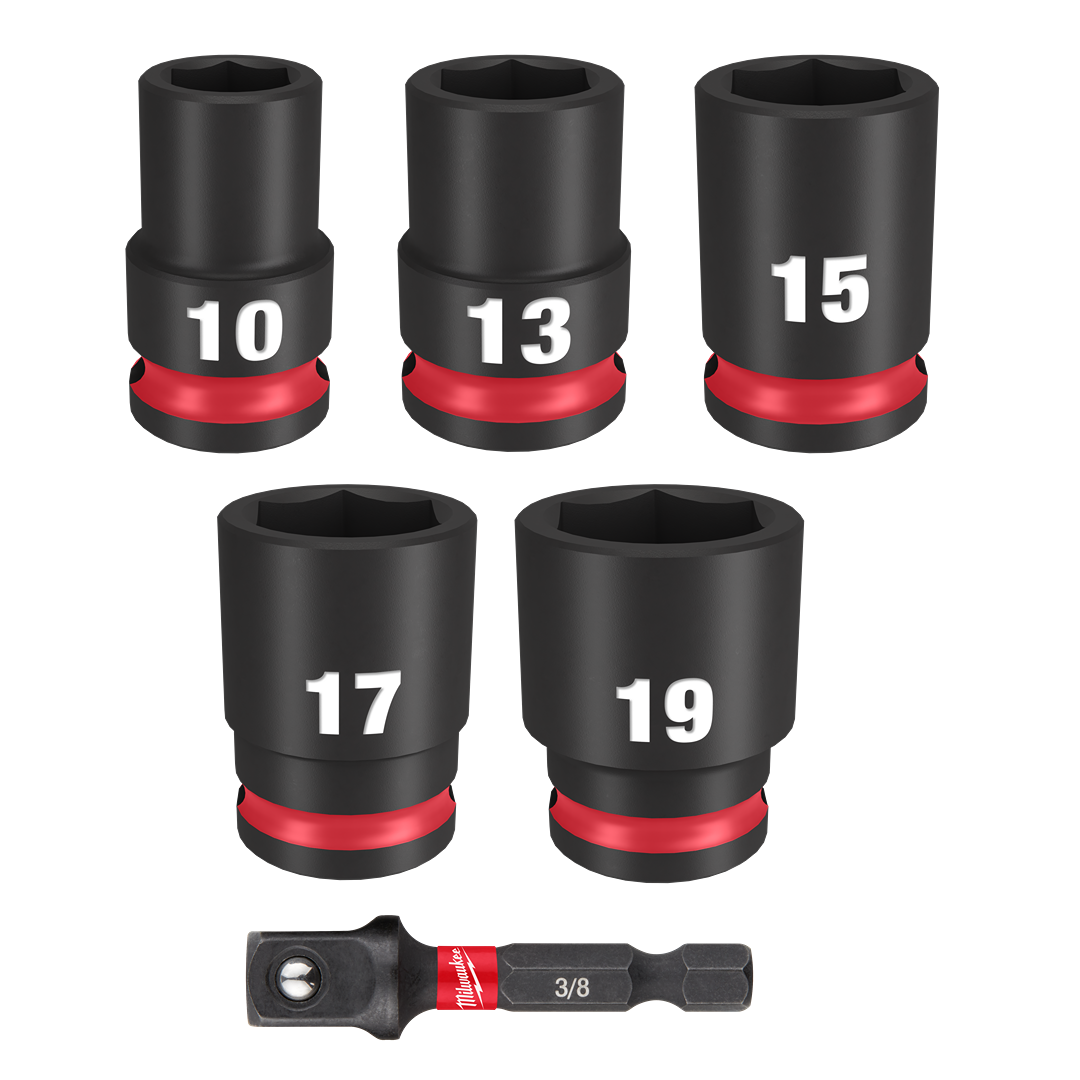 Set of five black impact sockets with red accents and a 3/8 inch drive adapter for hand tool and woodworking use