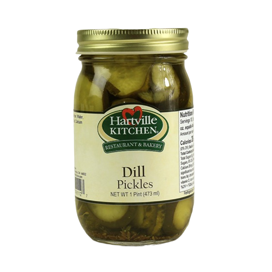 Glass jar of Hartville Kitchen dill pickles with gold lid, part of condiments and food & beverage collections under $50