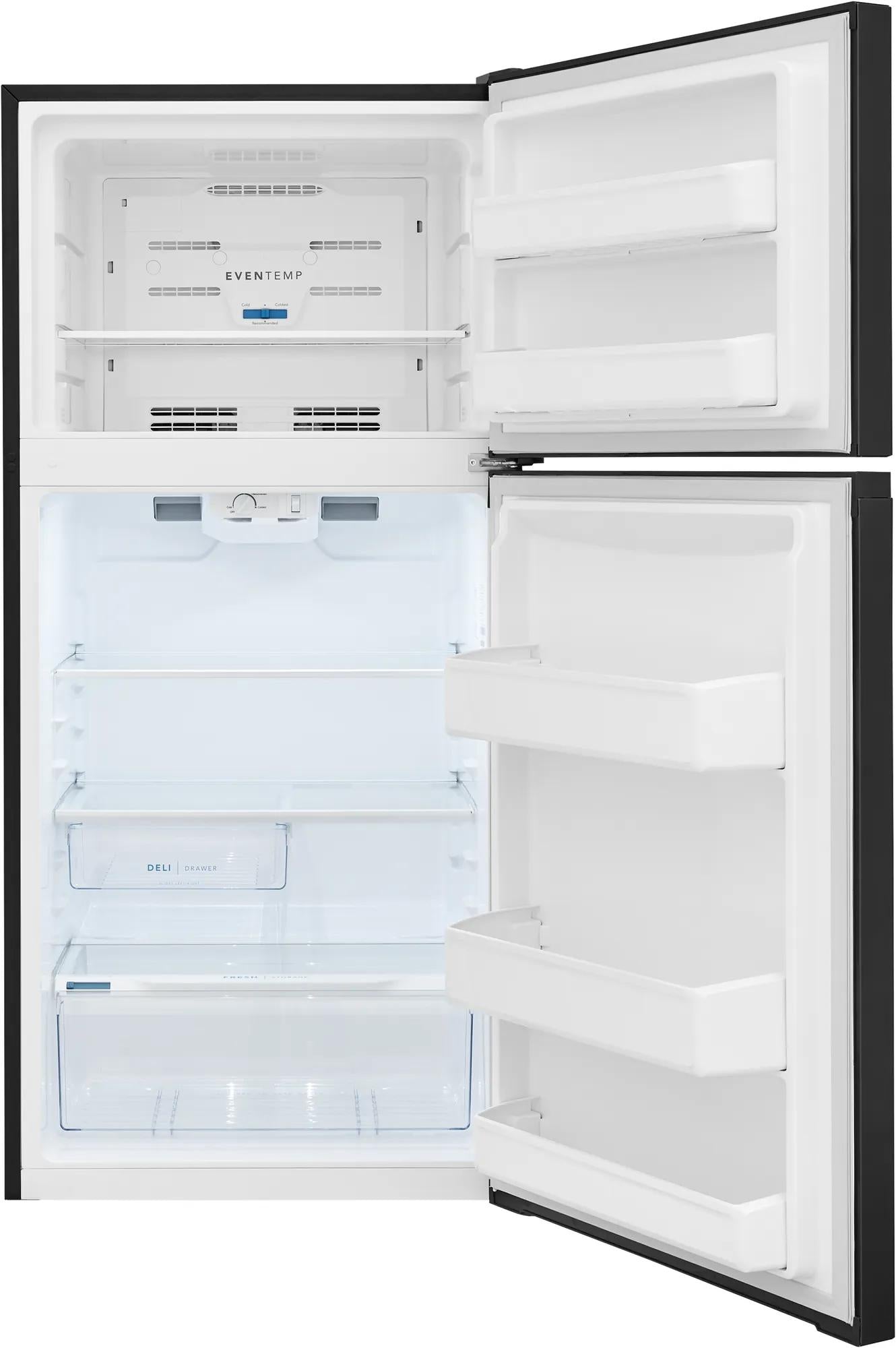 Open black top freezer refrigerator showcasing spacious interior with adjustable shelves and clear deli drawer in appliances collection