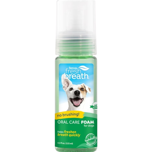 Green and clear bottle of oral care foam featuring a happy dog on label for pet fresh breath maintenance