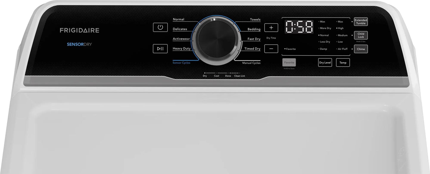 White gas dryer control panel with electronic knob, digital display, and multiple cycle settings in Dryers and Appliances collections