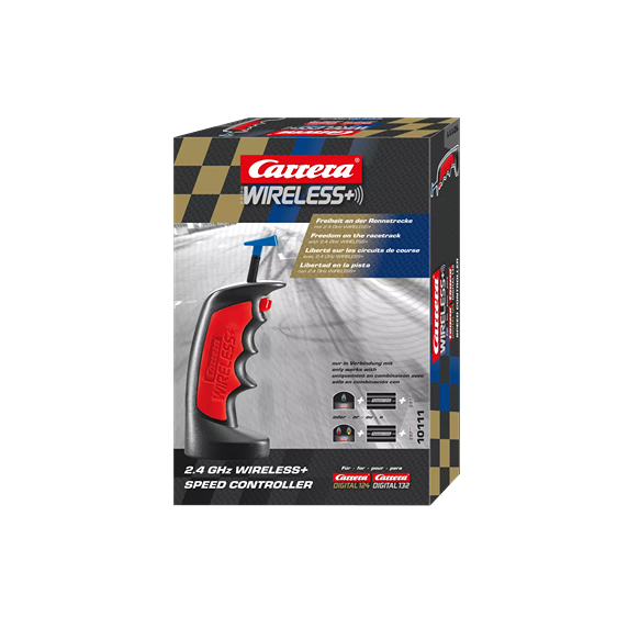 Wireless 2.4 GHz speed controller for 1:32 and 1:24 scale slot car racing with ergonomic red and black design
