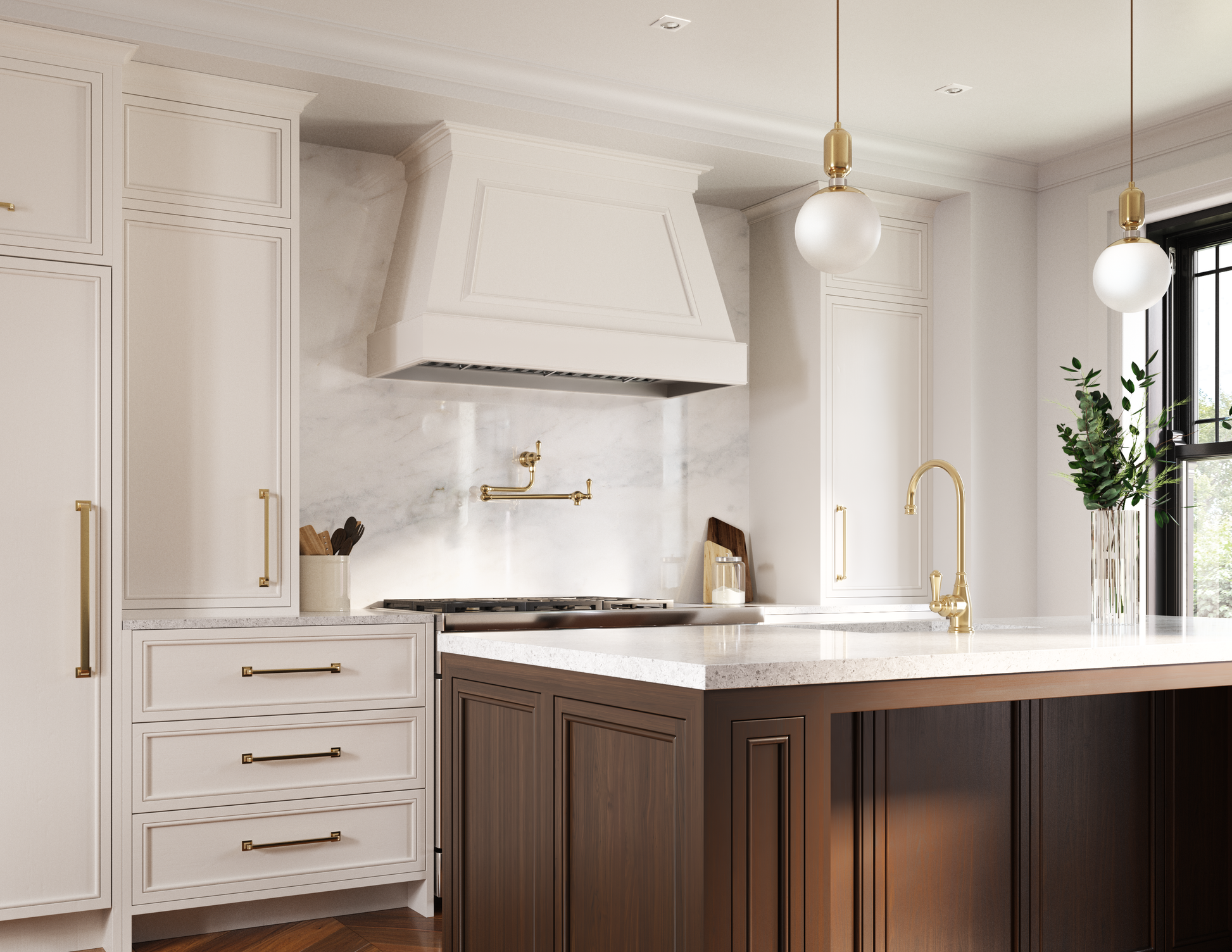 Modern kitchen showcasing a white vent hood with brass accents above a marble backsplash and stainless steel cooktop, featured in Range Hoods and Kitchen & Kitchenware collections.