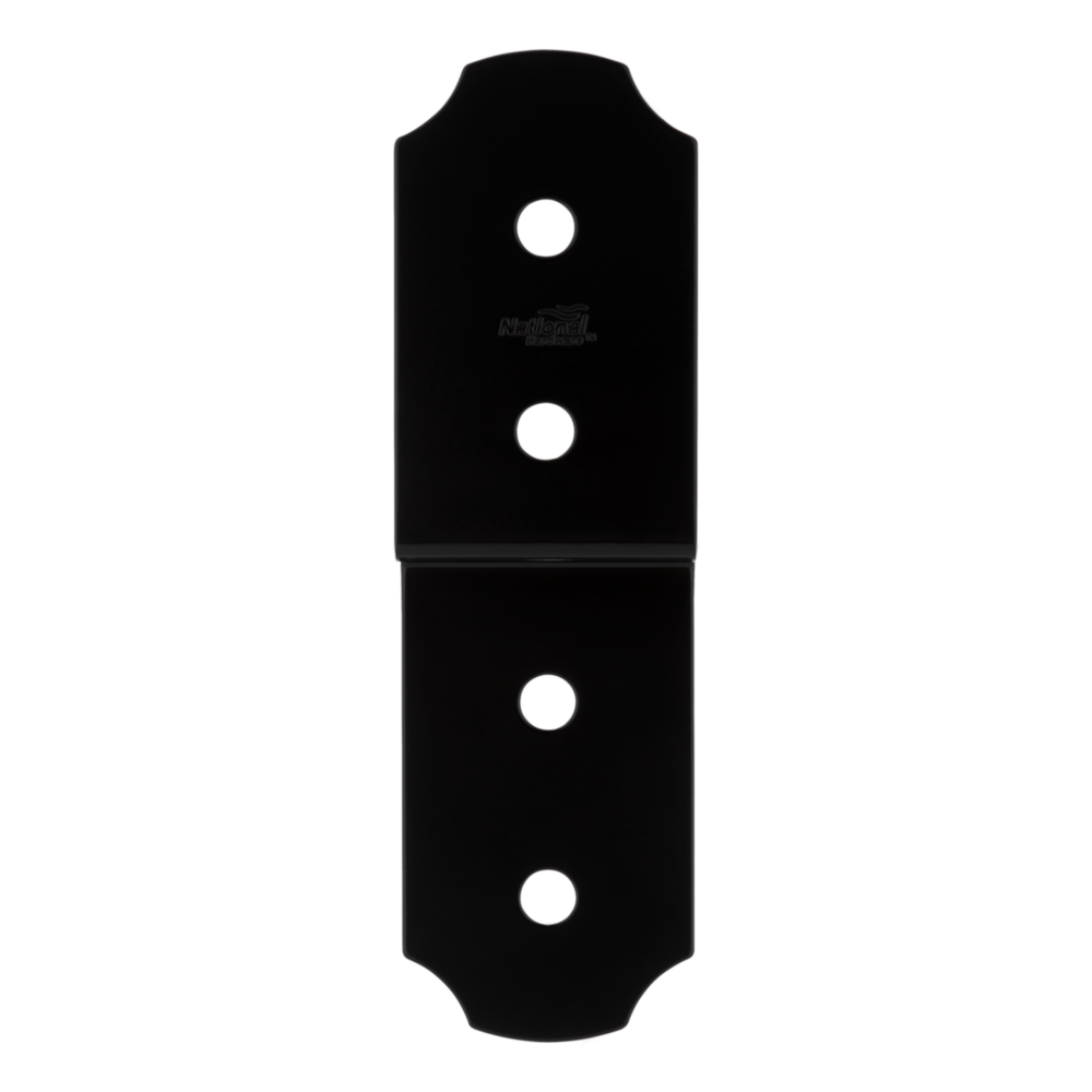 Black metal joist tie with decorative edges and pre-drilled holes for building hardware and home improvement projects