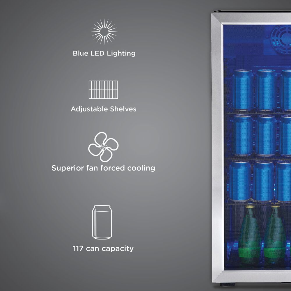 Beverage center with blue LED light, adjustable wire shelves, fan cooling, and high drink storage capacity.