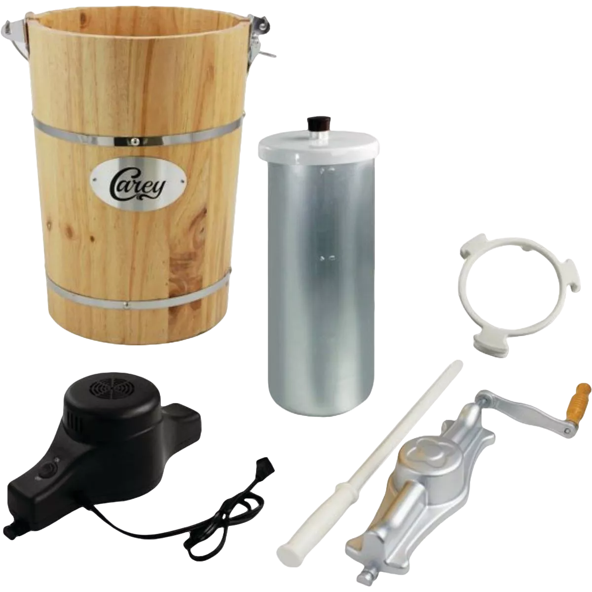 Wooden ice cream maker bucket with metal bands and aluminum inner container plus hand crank and electric motor accessories