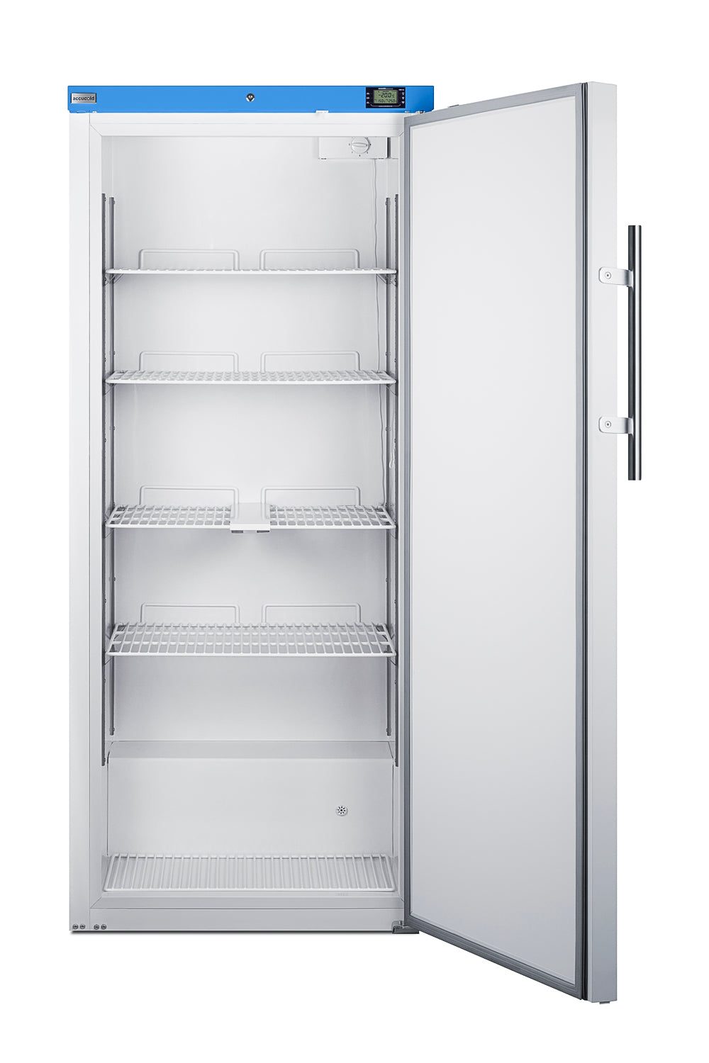 White upright manual defrost freezer with blue control panel and four wire shelves in appliance and kitchenware collection