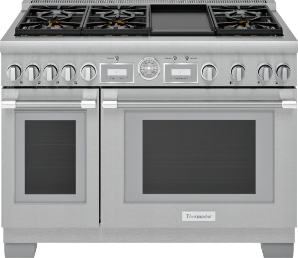 48-inch stainless steel dual fuel range with six burners, griddle, double oven, and digital control panel from Ranges collection