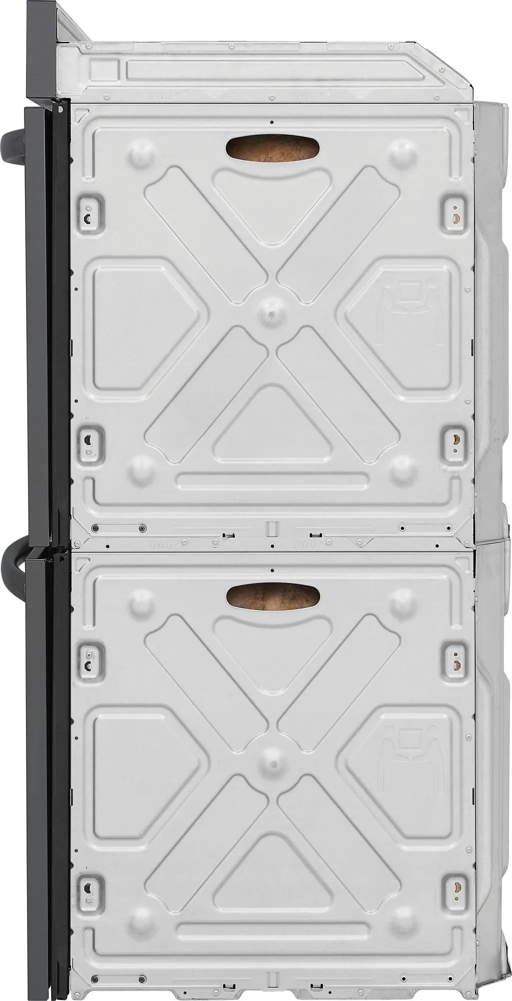 Rear view of dual-compartment 30" double electric wall oven with metal backing panels and black trim handles from appliances collection
