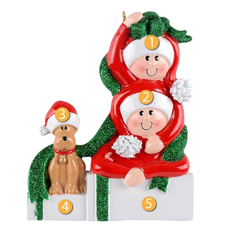 Festive couple and dog ornament with red Santa hats, green glitter ribbon, from Christmas Ornaments & Tree Decorations collection