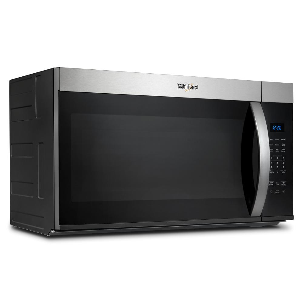 Whirlpool stainless steel and black over the range microwave with digital display and control panel for kitchen appliances