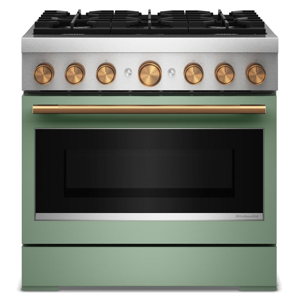 Front view of green and stainless steel commercial-style dual fuel range with six burners and brass knobs in ranges collection