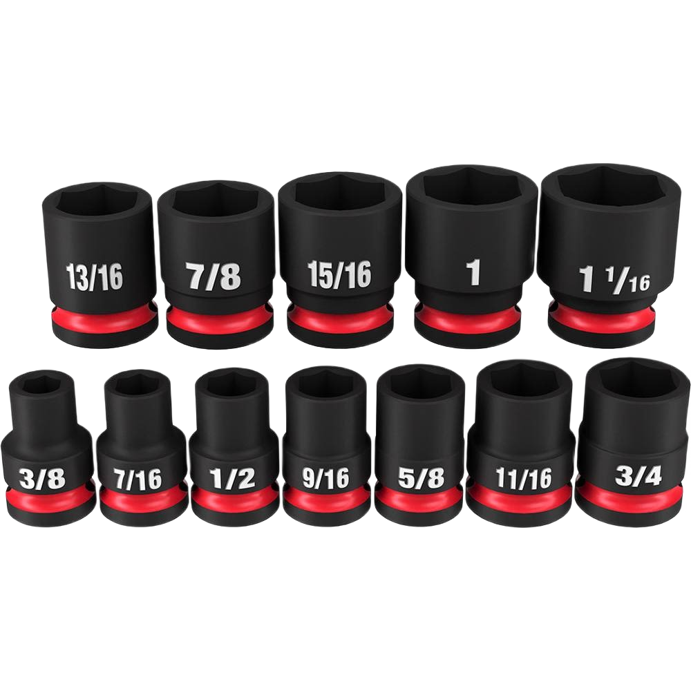 Set of 12 black impact duty 6-point sockets with red accents for hand tools in home improvement and woodworking collections