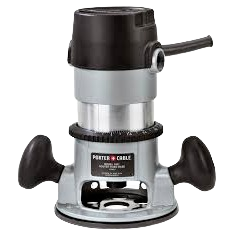 Silver and black fixed-base wood router with ergonomic handles for precise woodworking, part of rental equipment and tools at Hartville Hardware.