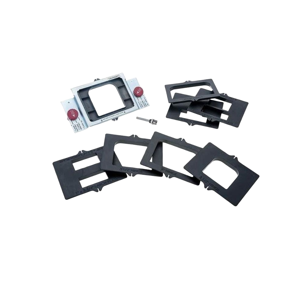 Door hinge mortise kit with adjustable metal frame and assorted black template plates for precise wood cutting tasks