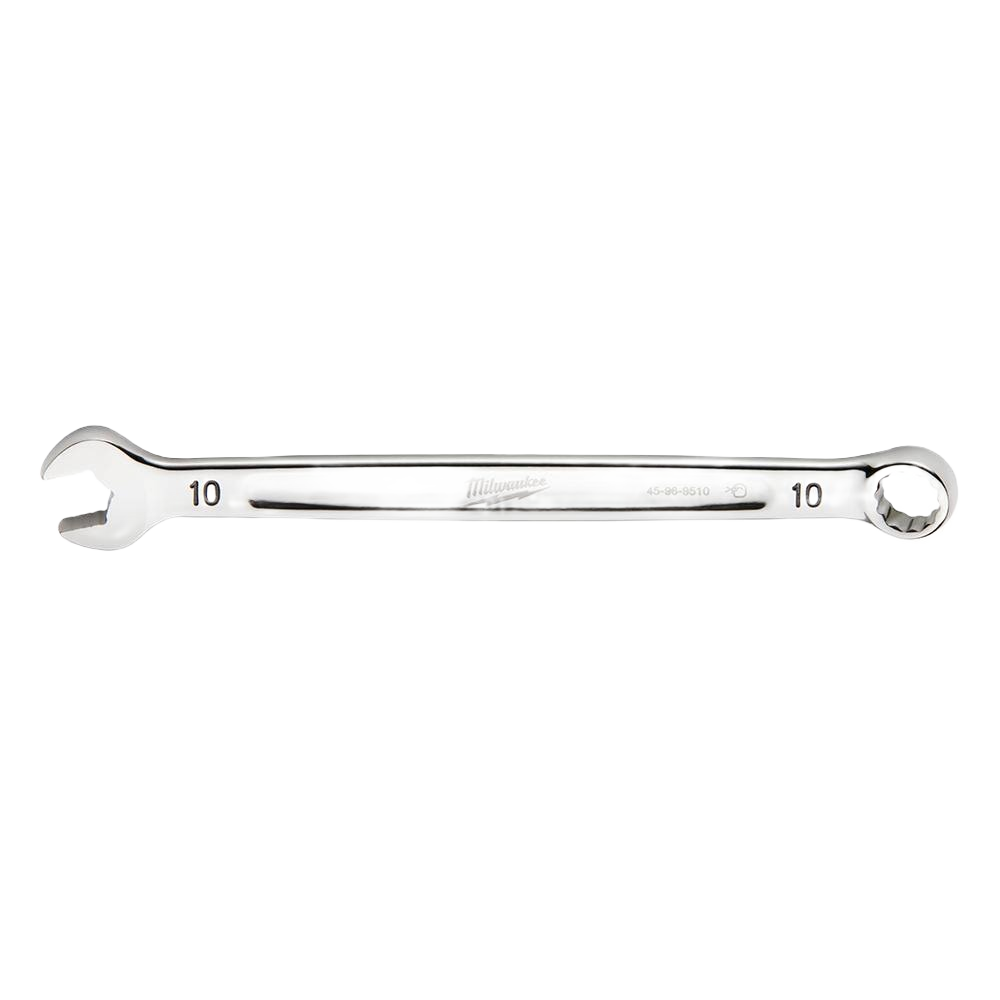 Polished 10-mm combination wrench with open and box ends designed for home improvement and tool use