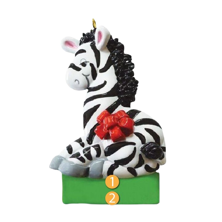 Personalized zebra ornament with red bow on green gift box for Christmas tree decorations under $50 collection