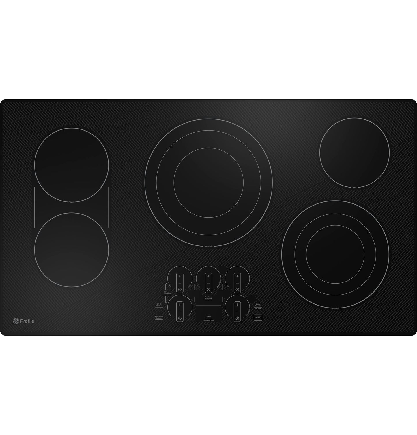 Black built-in cooktop with five cooking zones and touch control panel in modern kitchen appliances collection