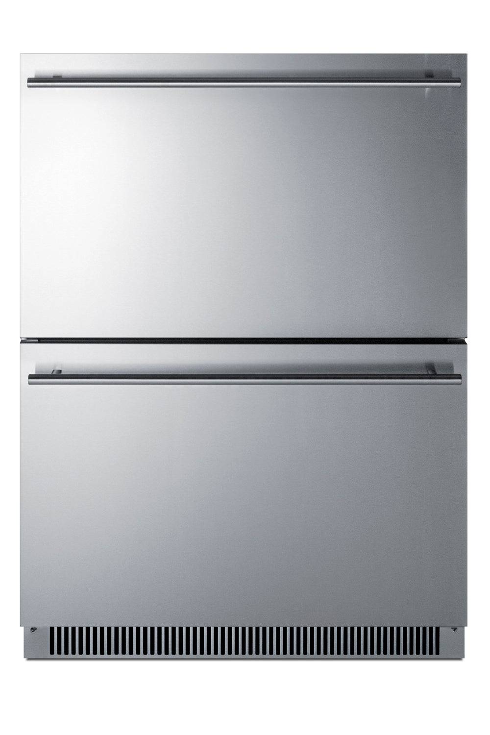 Stainless steel two-drawer all-freezer with horizontal handles and vented base for kitchen appliance installation