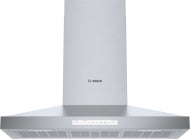 Stainless steel wall-mounted range hood with bright LED lights in Bosch kitchen and appliances collection