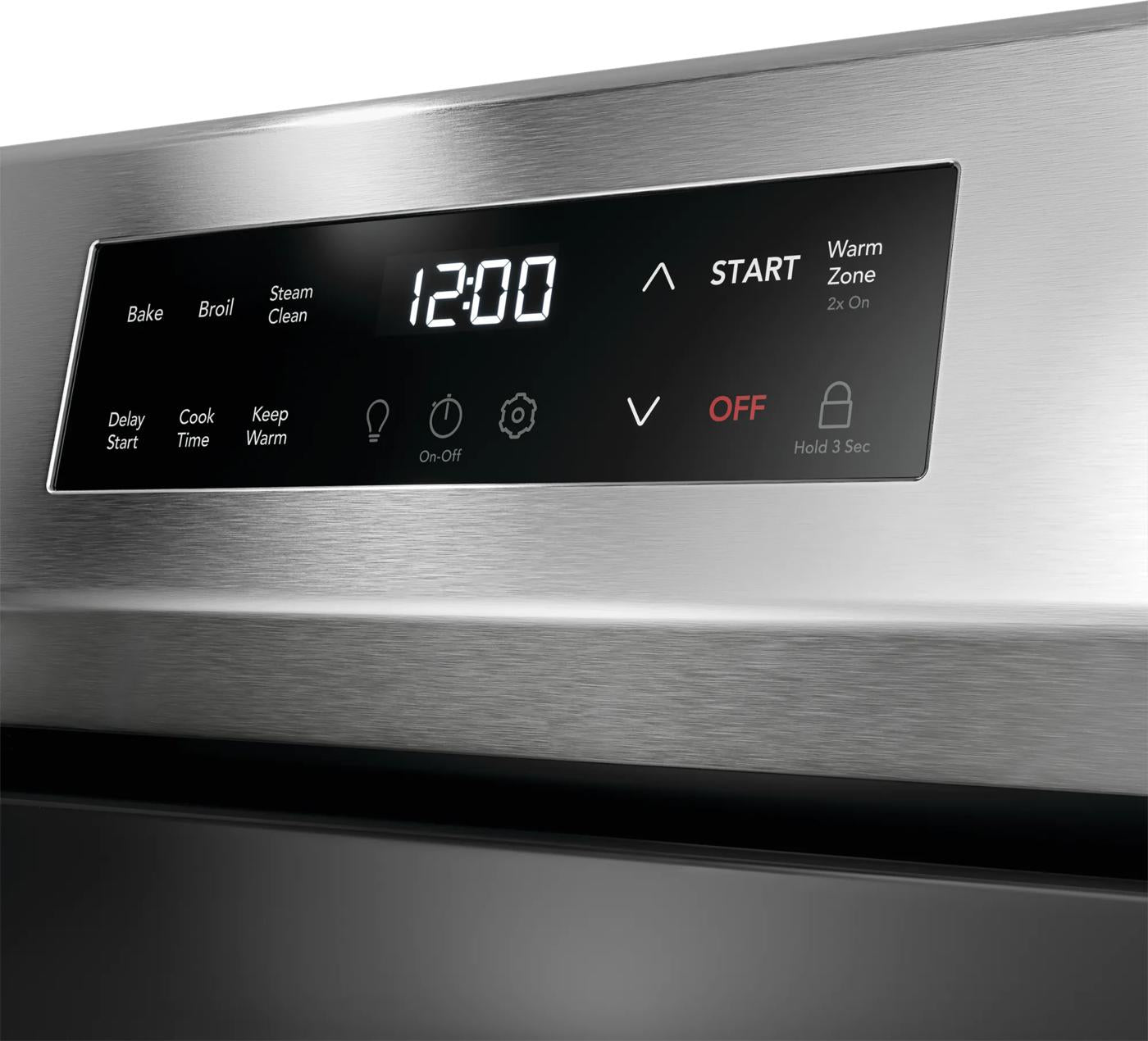 Close-up of digital control panel on stainless steel electric range for kitchen and home improvement collections