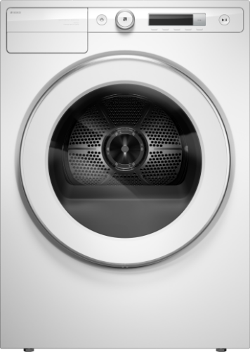Front view of a white 24-inch tumble dryer with transparent circular door and electronic control panel, in Dryers and Electric Dryers collections at Hartville Hardware.