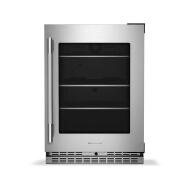 Undercounter refrigerator with UV-protected glass door, metallic-trimmed shelves, and KitchenAid branding in appliances collection