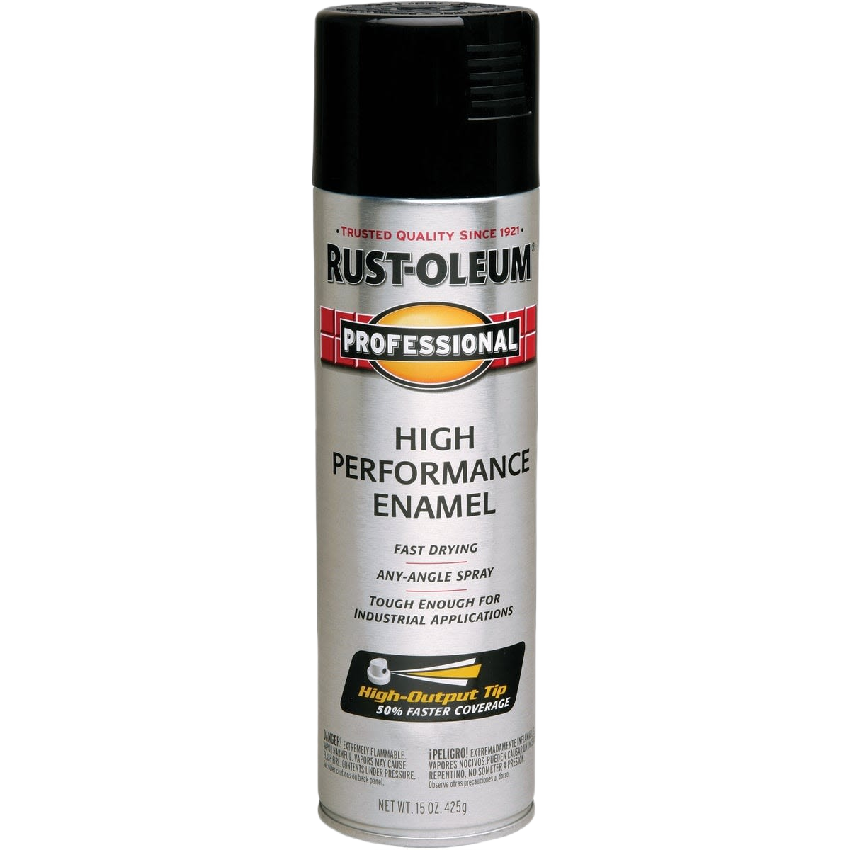 Can of black high performance enamel spray paint in Rust Oleum collection for home improvement and paint supplies
