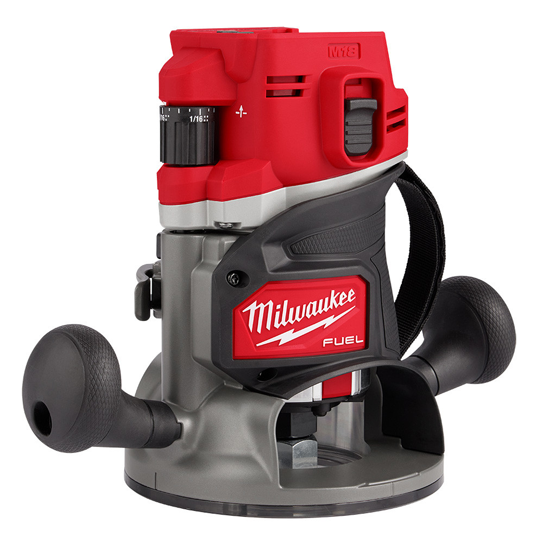 Compact red and gray router with dual black ergonomic handles for precision woodworking and home improvement tasks