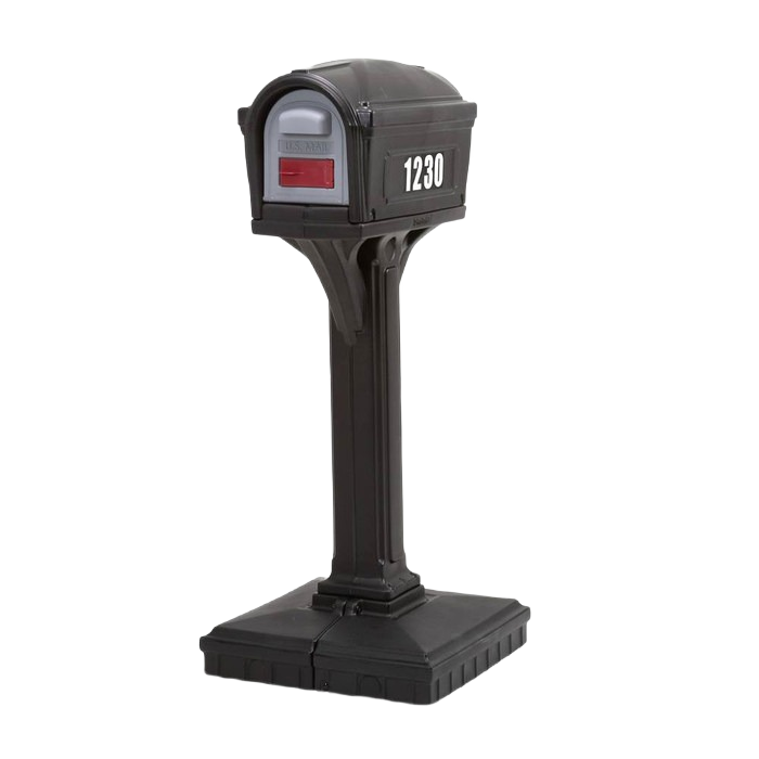 Black pedestal mailbox with red flag and white numbering on side for home mail delivery and curb appeal
