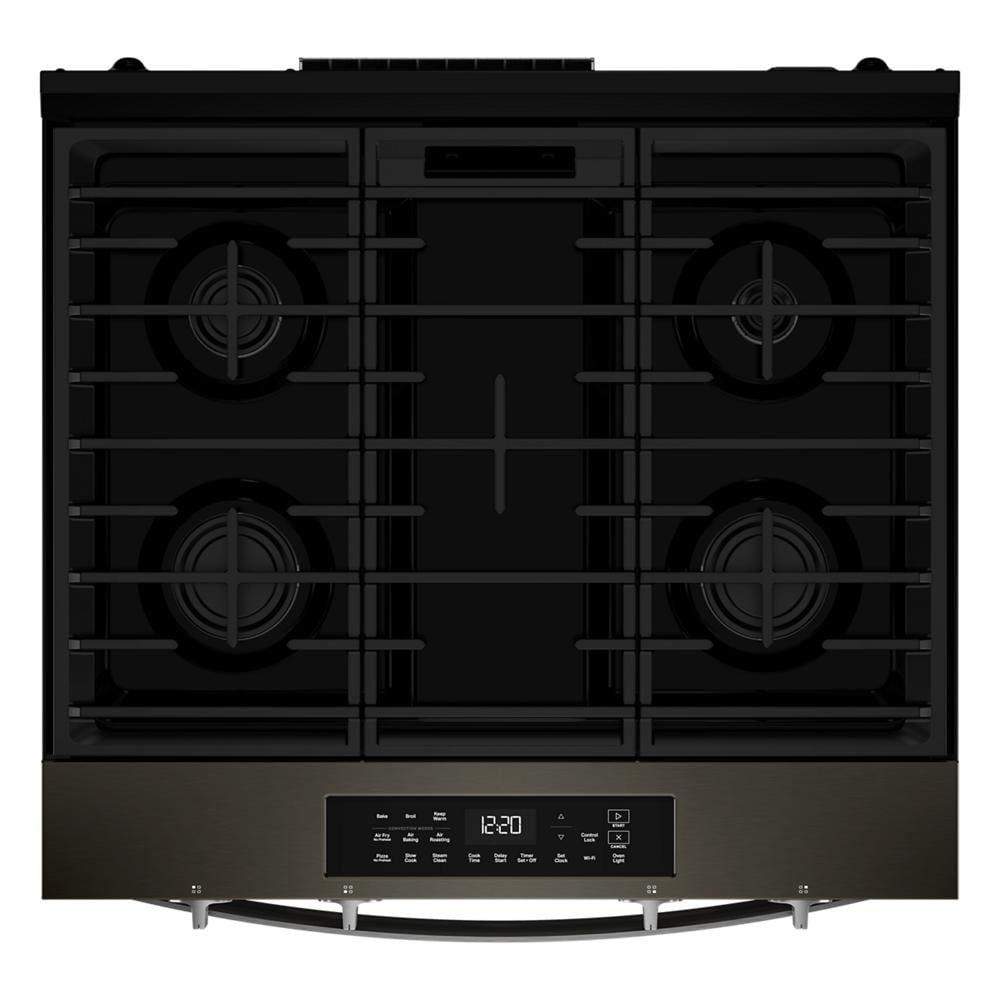 Top view of a dark stainless steel 30-inch gas smart range cooktop with four burners, continuous grates, and a digital control panel, ideal for ranges, gas ranges, kitchen & kitchenware, appliances, and home improvement collections.
