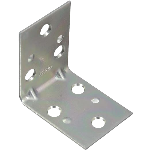 Zinc-plated steel double wide corner brace with multiple screw holes for reinforcing right angle joints in building hardware collections