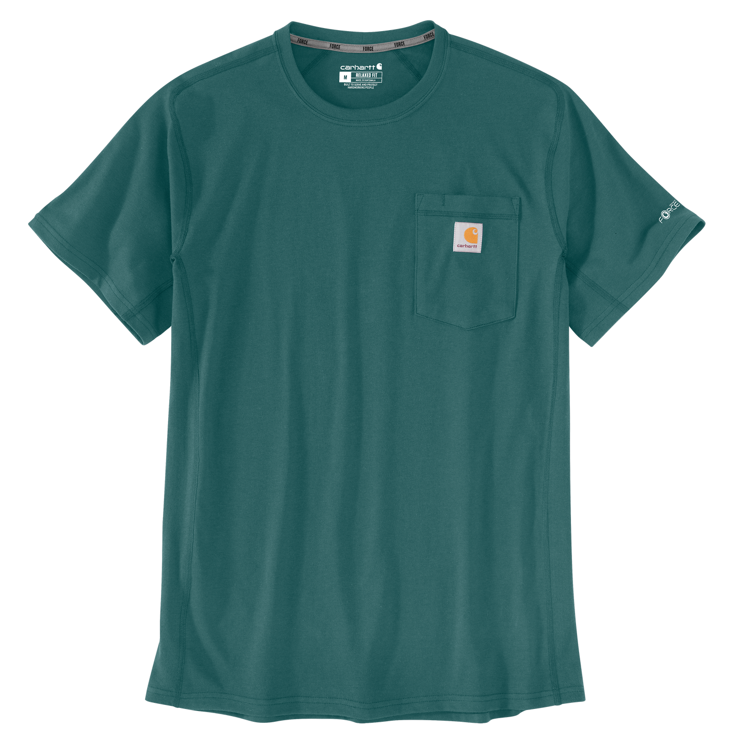 Dark green Carhartt short-sleeve t-shirt with front pocket and small logo patch on the pocket