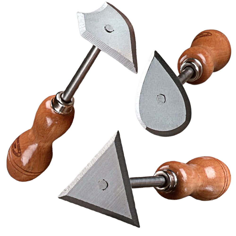 Set of three wooden-handled shave hooks with triangular, tear drop, and combination blades for woodworking tools under $50