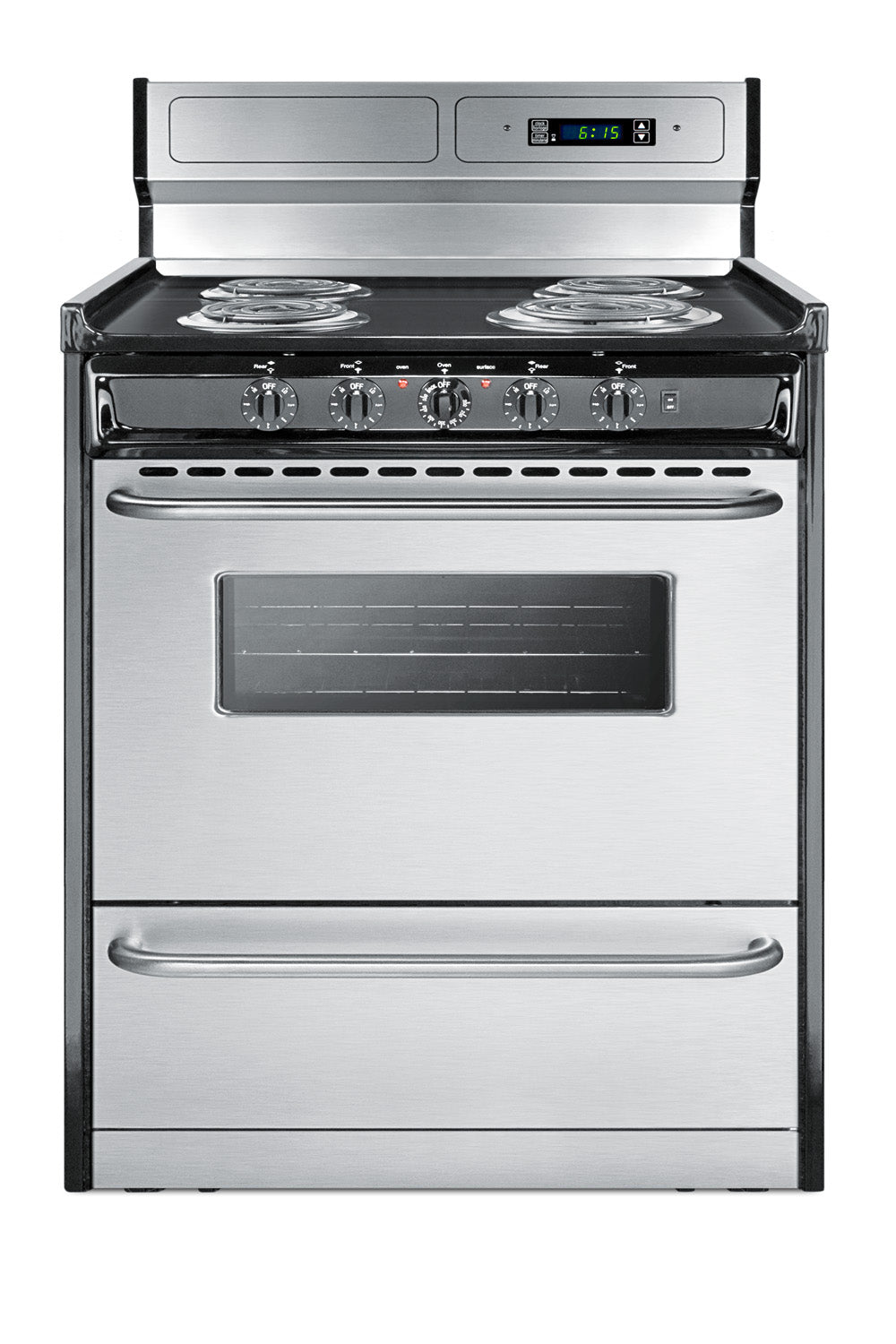 Apartment-sized stainless steel electric coil range with oven window and five control knobs for kitchen and home use