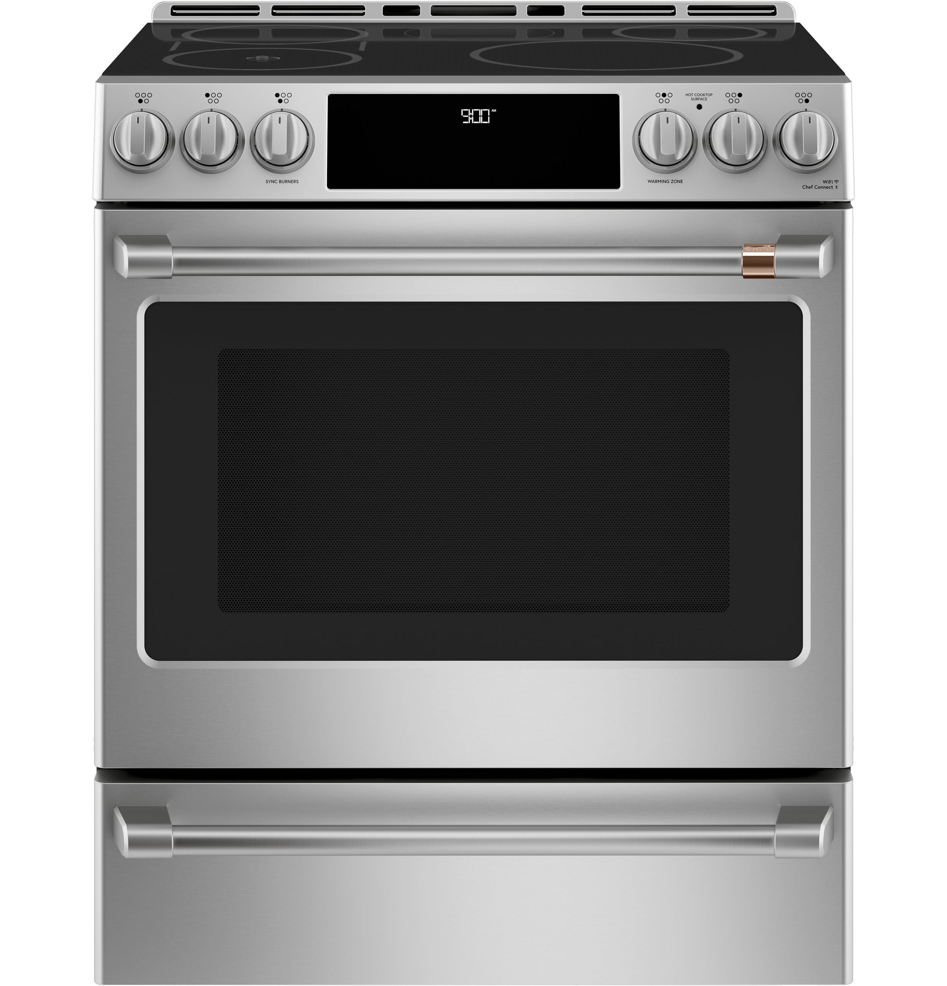 Stainless steel induction and convection range with front control knobs and digital display for kitchen appliance collections