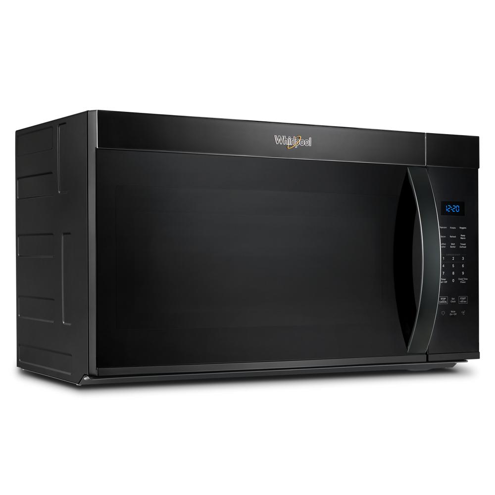 Black Whirlpool over-the-range microwave with digital control panel, part of microwaves and kitchenware collections