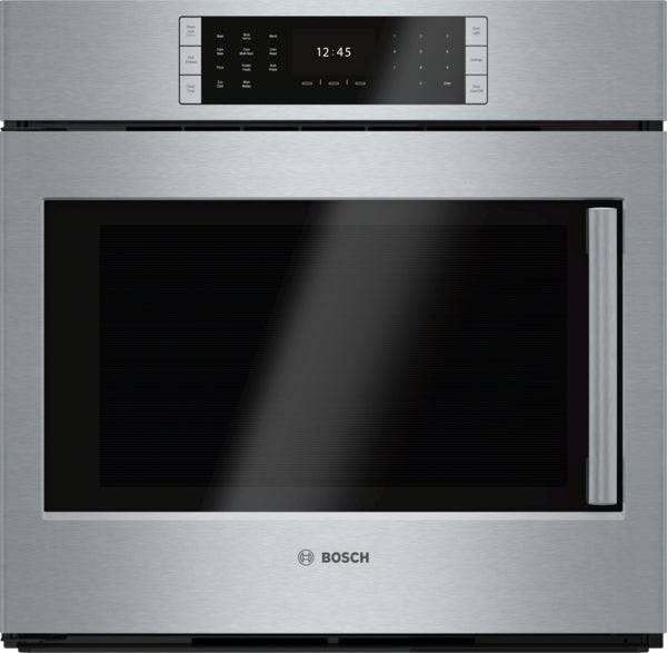 Stainless steel single wall oven with left side-opening door and digital touch controls in kitchen appliance collection