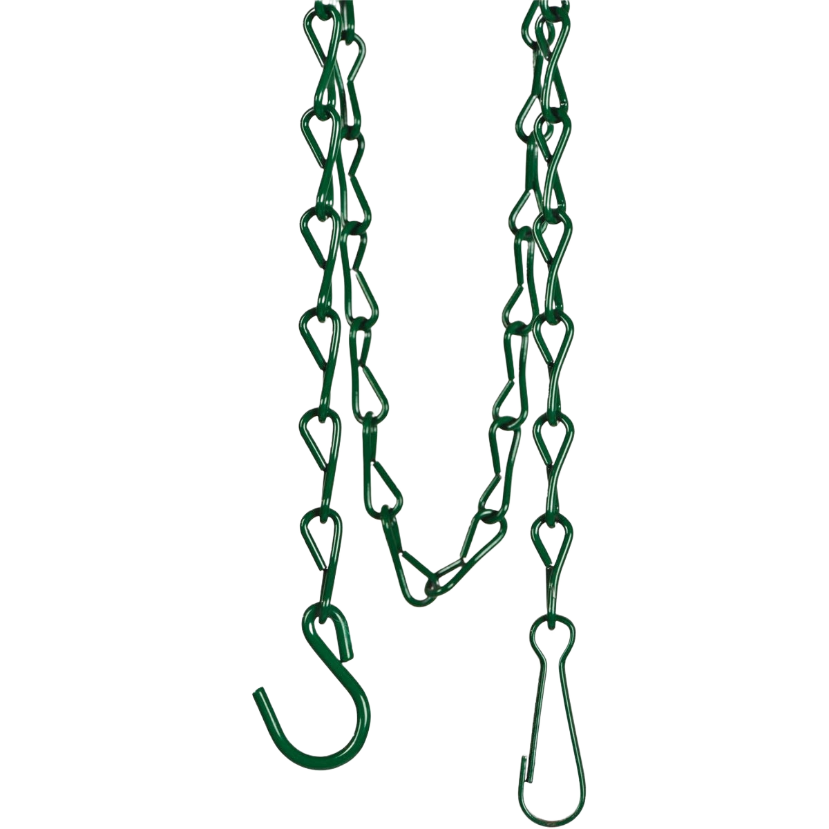 Green powder-coated metal chain with hooks for hanging bird feeders and outdoor decor, suitable for wildlife supplies.