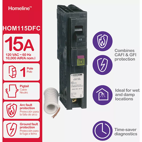 Black 15-amp single-pole circuit breaker with pigtail wire and dual arc and ground fault protection for home use