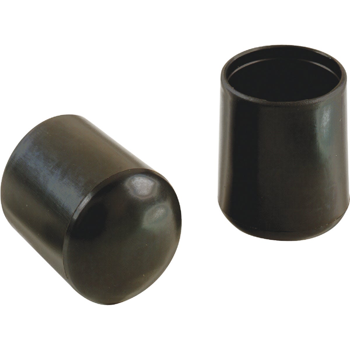 Two black vinyl caps designed to protect furniture legs from floor damage in hardware and home improvement collections