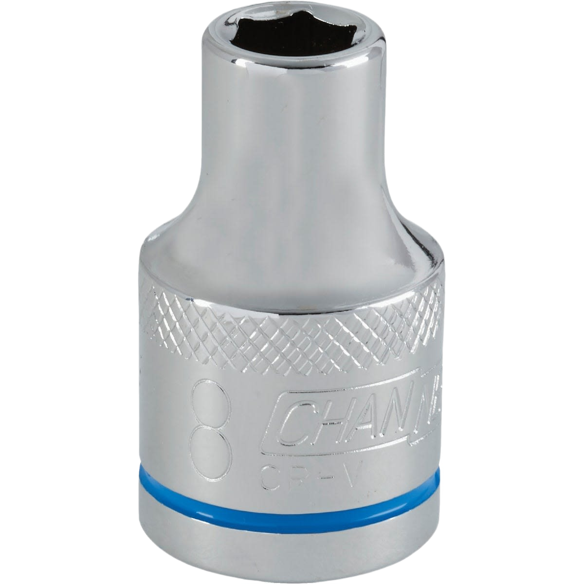 Shiny 8mm shallow 6-point socket with blue band for metric identification in hand tools and sockets collections