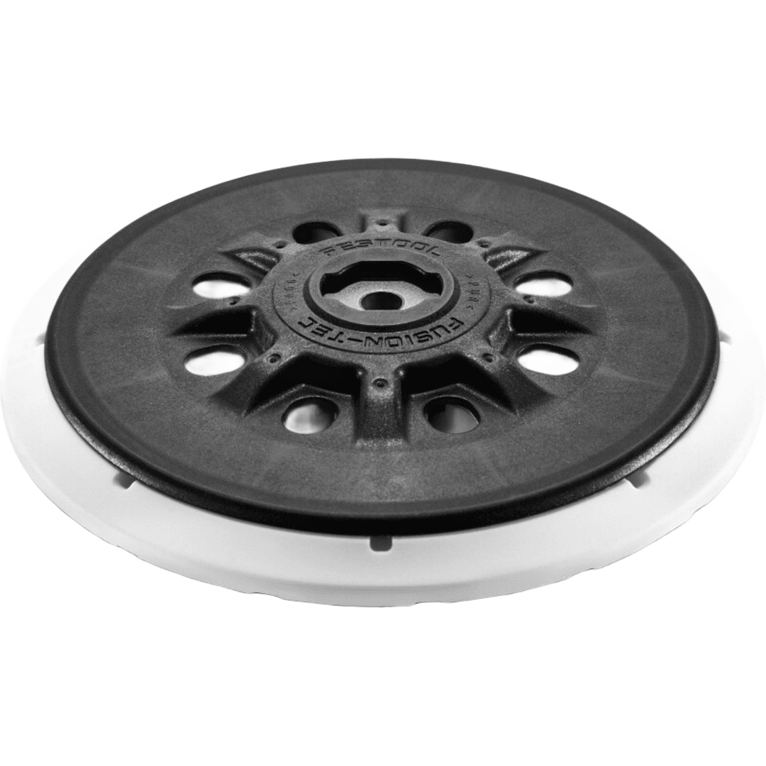 Black and white fusion-tec sander backing pad designed for tools and home improvement applications
