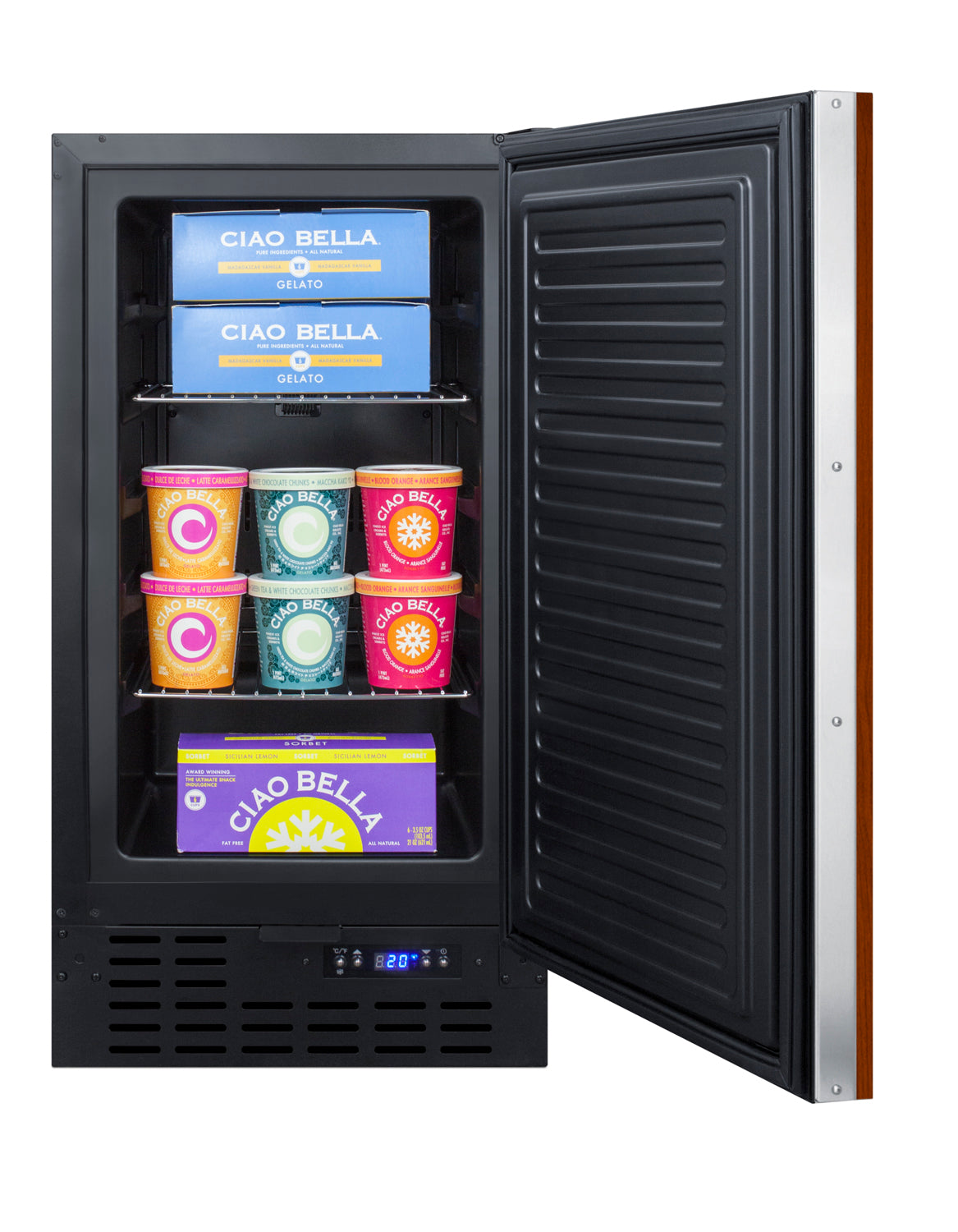 Open 18-inch built-in frost-free all-freezer with digital temperature display and gelato storage shelves