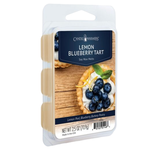 Clamshell pack of soy wax melts with lemon blueberry tart scent featuring berries and pastry on label